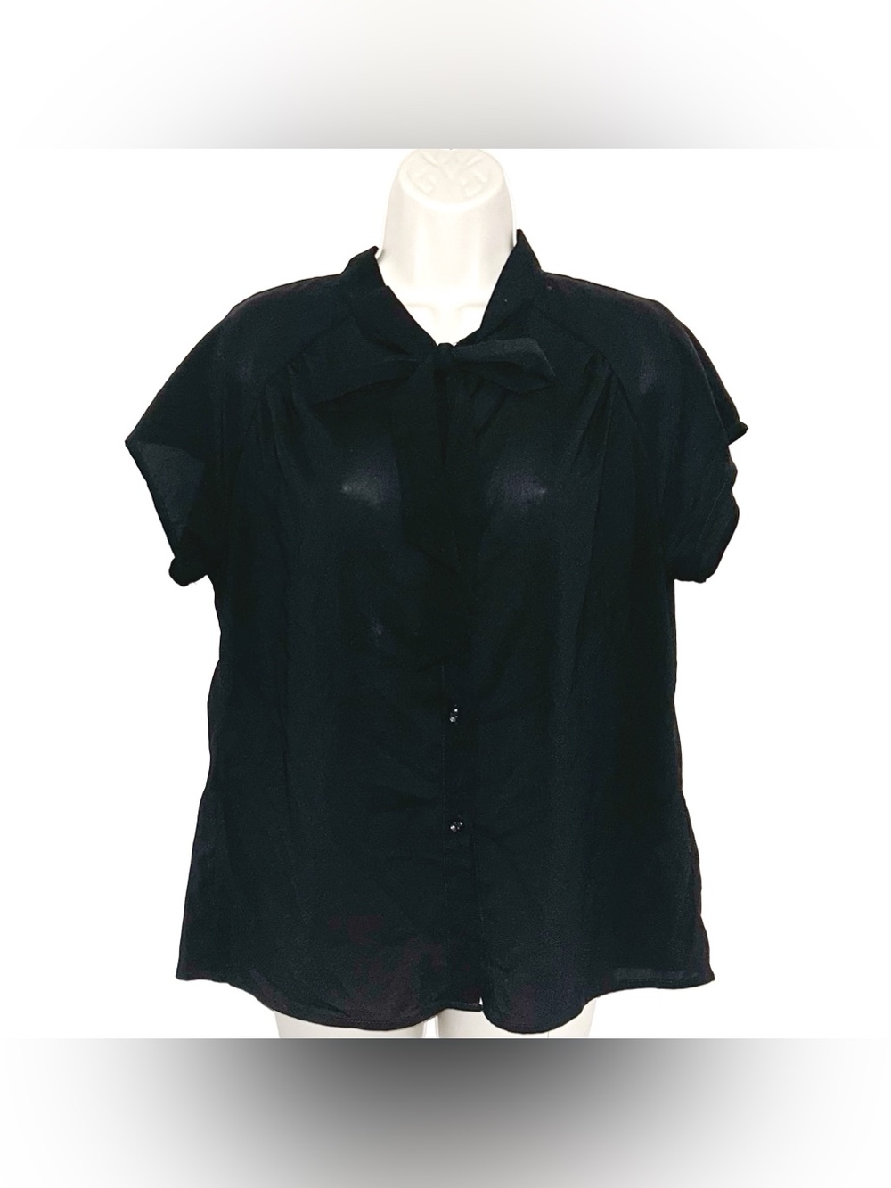 Women's Black Bow-Tie Short Sleeve Blouse